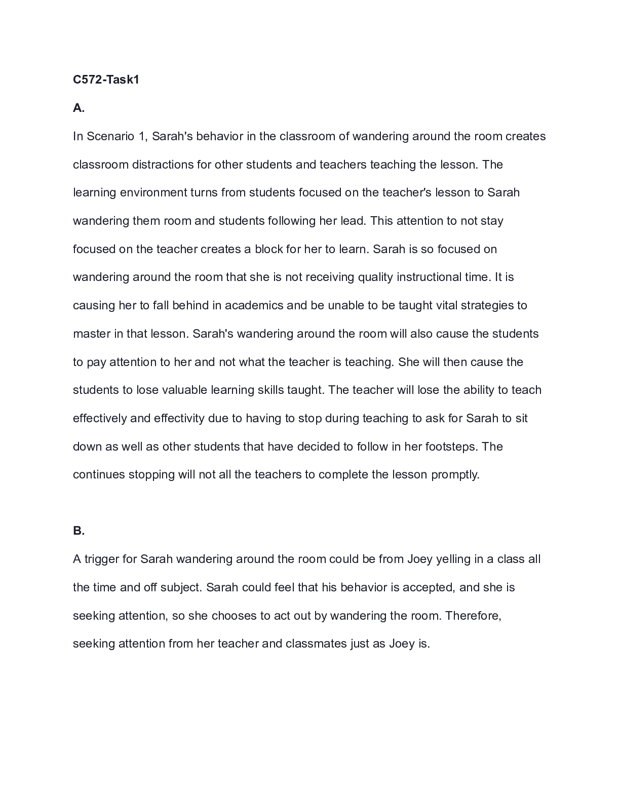 Preview of C572 Task1 .docx  C572-Task1  A.  In Scenario 1, Sarah's behavior in the classroom of wand